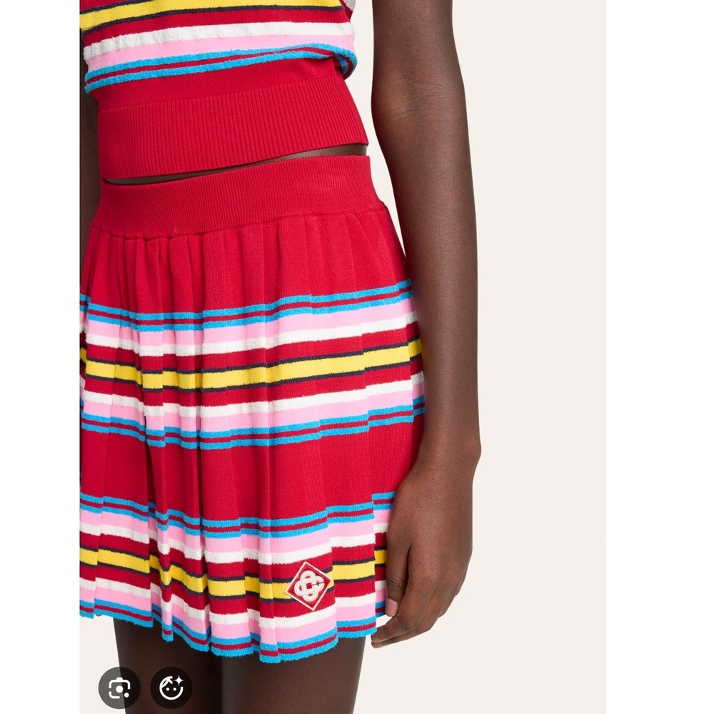 Casa Blanca Women's Striped Intarsia Knitted Pleated Mini Skirt Red Multi- S